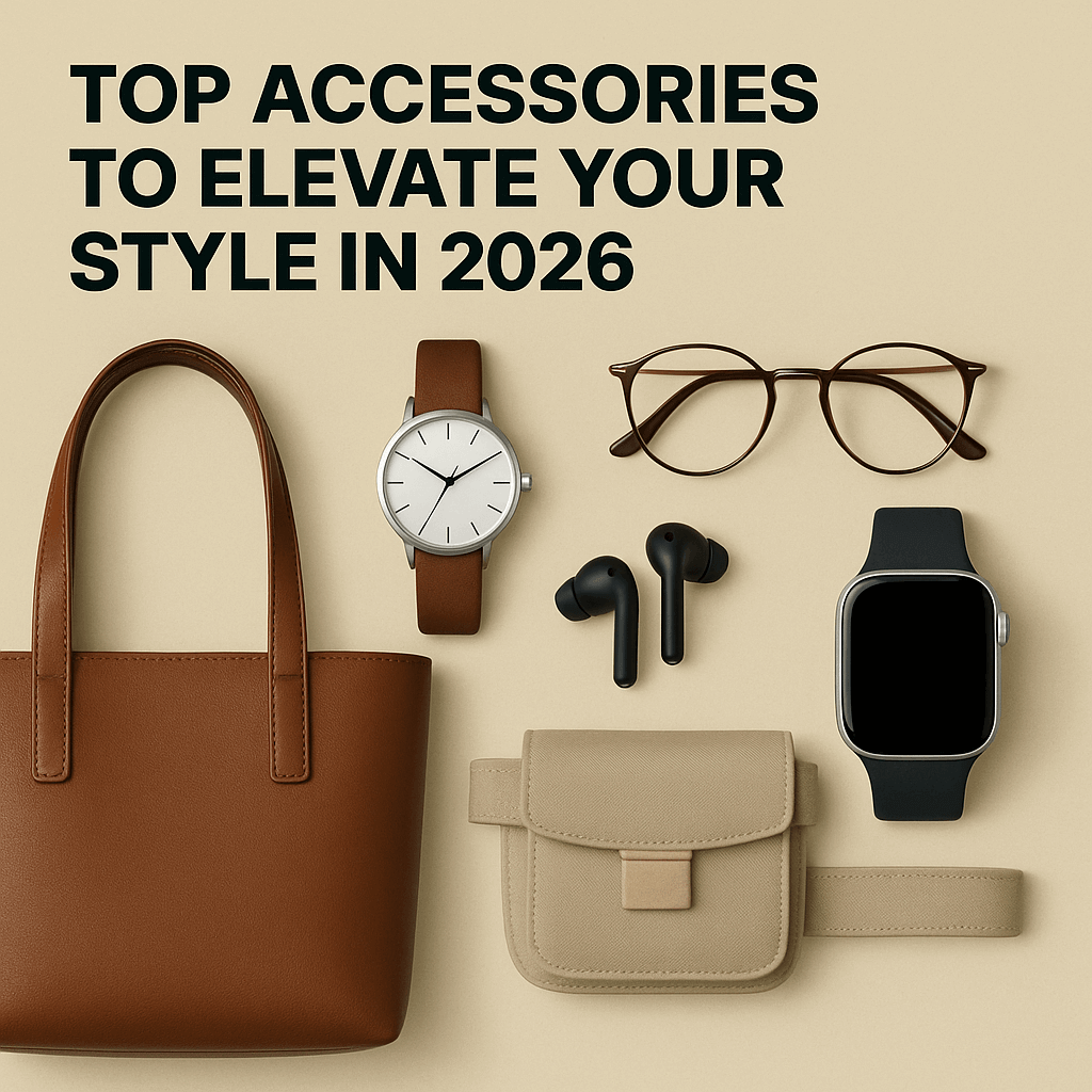 Top Accessories to Elevate Your Style in 2026 featuring a bag, watch, glasses, earbuds, and smartwatch.