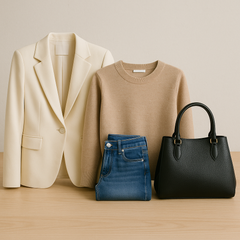 Top Fashon clothing collection featuring a stylish blazer, cozy sweater, jeans, and a chic handbag.