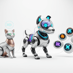 A playful scene featuring electronic pets: a robotic dog and cat, showcasing their interactive features.