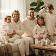 Family Matching Outfits featuring a joyful family in coordinated cream loungewear at home, celebrating their bond.