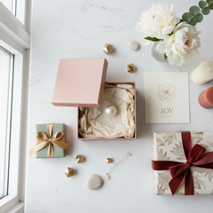 Gift Ideas for special occasions featuring wrapped gifts, flowers, and decorative items on a marble surface.