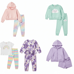Girl Clothing Sets featuring hoodies, sweatpants, and matching outfits in playful colors and patterns.