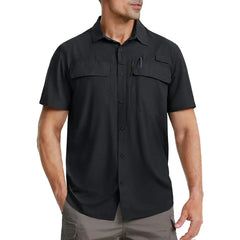 Black short-sleeve shirt for men with pockets, perfect for casual and semi-formal occasions, showcasing modern style and comfort.