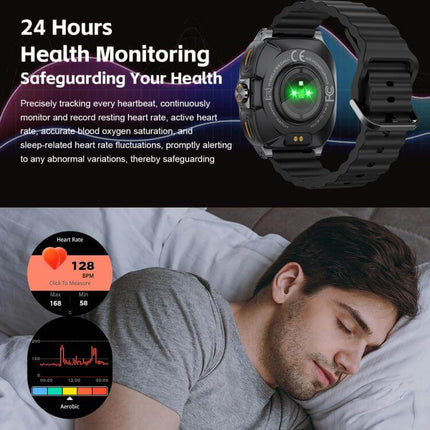 1.53-inch Display 2-in-1 Smart Sports Watch showcasing health monitoring features while a man sleeps.