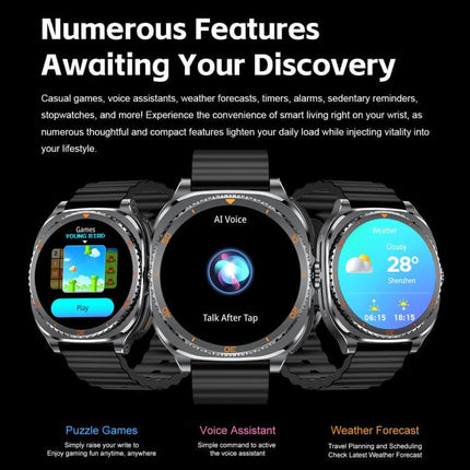 1.53-inch Display 2-in-1 Smart Sports Watch showcasing numerous features including games, voice assistant, and weather forecast.