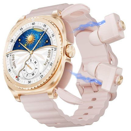 1.53-inch Display 2-in-1 Smart Sports Watch featuring a detailed dial and pink strap with wireless earbuds.