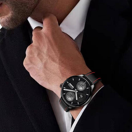 Man wearing a 1.75 inch AMOLED GPS Sport Smart Watch with a black strap and a stylish outfit.