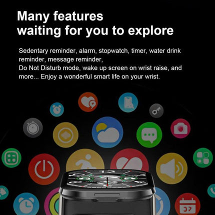 2.01 inch TFT Screen Smart Bluetooth Watch displaying various features like alarms, reminders, and notifications.