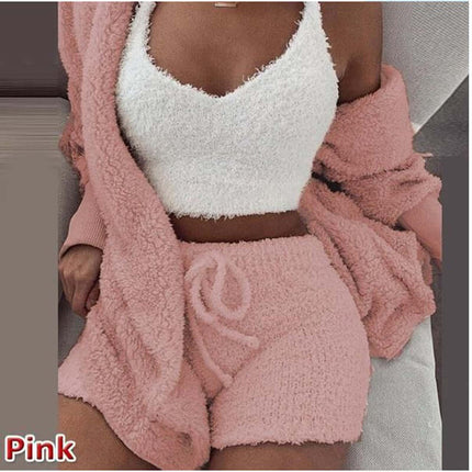 3-Piece Ladies Plush Home Set featuring a cozy vest, coat, and shorts in soft pink fabric.