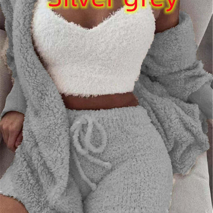 3-Piece Ladies Plush Home Set in silver grey featuring a vest, coat, and shorts for ultimate comfort.