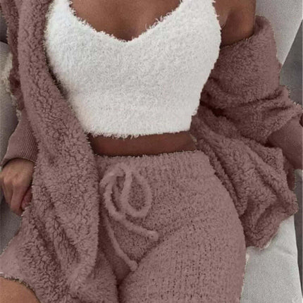3-Piece Ladies Plush Home Set - Vest, Coat & Shorts in soft fluffy fabric for ultimate comfort and stylish lounging.