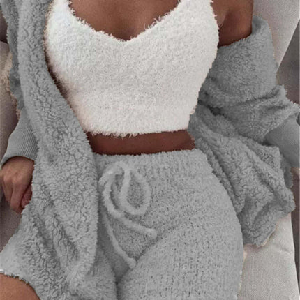3-Piece Ladies Plush Home Set featuring a cozy vest, soft coat, and comfortable shorts in grey and white.