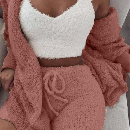 3-Piece Ladies Plush Home Set featuring a cozy vest, soft coat, and comfortable shorts in stylish colors.