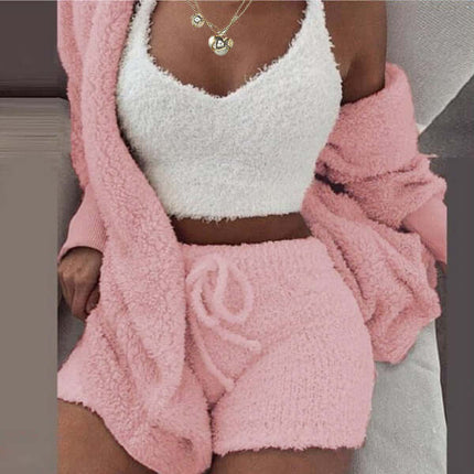 3-Piece Ladies Plush Home Set - Vest, Coat & Shorts in soft pink color, perfect for cozy home wear.