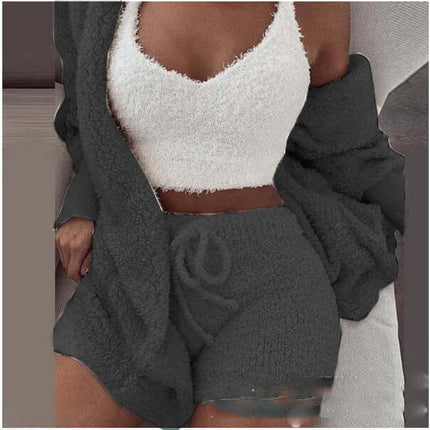 3-Piece Ladies Plush Home Set featuring a cozy vest, stylish coat, and comfortable shorts.