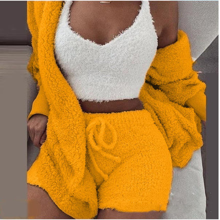 3-Piece Ladies Plush Home Set - Vest, Coat & Shorts in vibrant yellow and white plush fabric for cozy home wear.