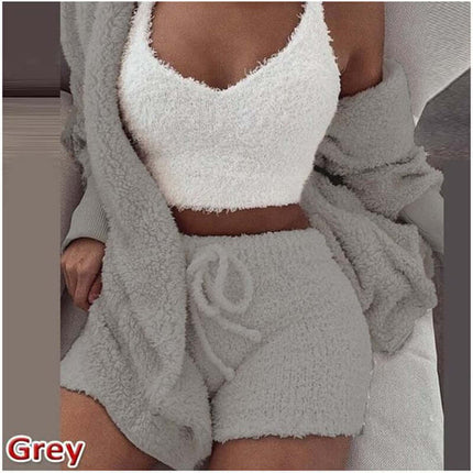 3-Piece Ladies Plush Home Set featuring a cozy vest, shorts, and coat in stylish grey color.