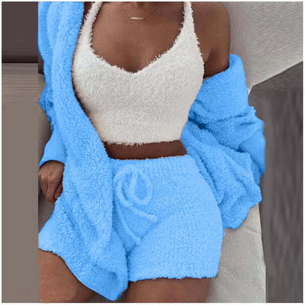 3-Piece Ladies Plush Home Set featuring a soft blue vest, shorts, and cozy coat for ultimate comfort.