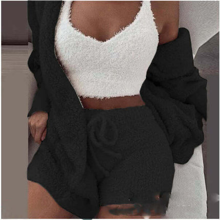 3-Piece Ladies Plush Home Set - Vest, Coat & Shorts showcasing a cozy outfit in soft materials.