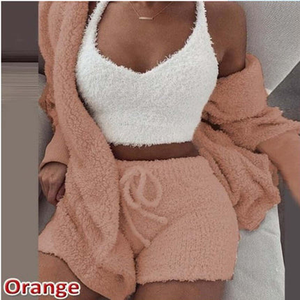 3-Piece Ladies Plush Home Set featuring a cozy vest, soft coat, and stylish shorts in a fashionable orange color.