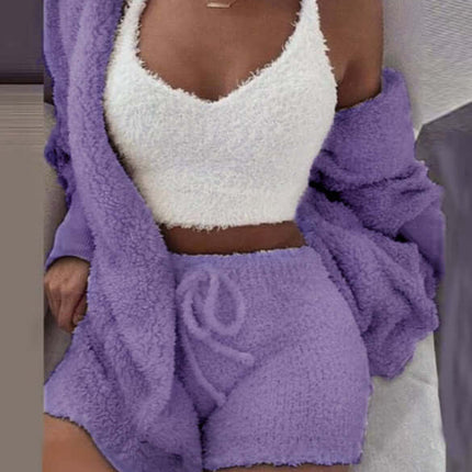 3-Piece Ladies Plush Home Set featuring a purple short set with a fluffy white crop top and matching cozy cardigan.