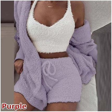 3-Piece Ladies Plush Home Set in purple with a cozy vest, shorts, and coat for stylish relaxation.