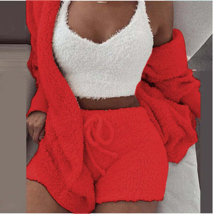 3-Piece Ladies Plush Home Set featuring a red vest, coat, and shorts in a cozy setup.