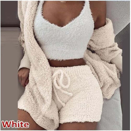 3-Piece Ladies Plush Home Set including vest, coat, and shorts in a soft white color.