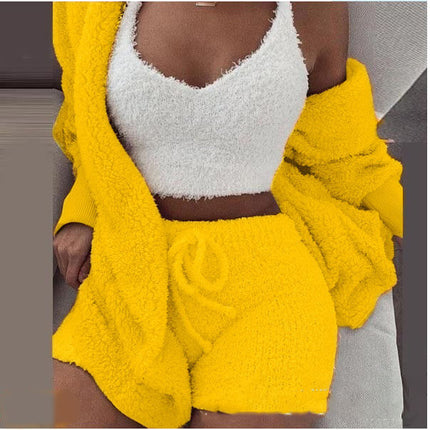 3-Piece Ladies Plush Home Set featuring a yellow coat, shorts, and a white top for stylish comfort.