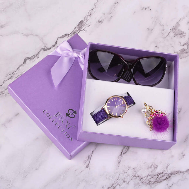 3-Piece Women's Quartz Watch & Sunglasses Gift Box Set in a purple box with sunglasses and a stylish watch.