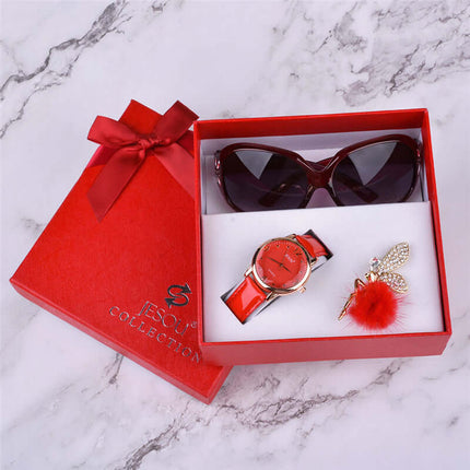3-Piece Women's Quartz Watch & Sunglasses Gift Box Set in red packaging with a watch, sunglasses, and charm accessory.