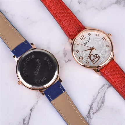 3-Piece Women's Quartz Watch & Sunglasses Gift Box Set featuring stylish watch with textured red strap and stainless steel back.