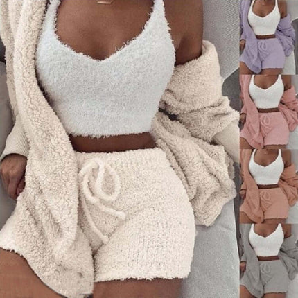 3pcs Womens Clothing Long Sleeve Crop Pajama Set velvet fabric.