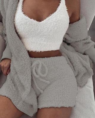 3pcs Womens Clothing Long Sleeve Crop Pajama Set purple velvet loungewear.