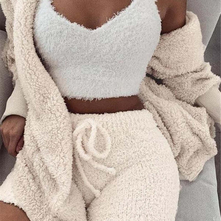 3pcs Womens Clothing Long Sleeve Crop Pajama Set white vest detail.