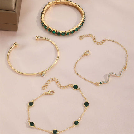 4pcs Womens Green Diamond Stretch Bracelet Set gold zinc alloy detail