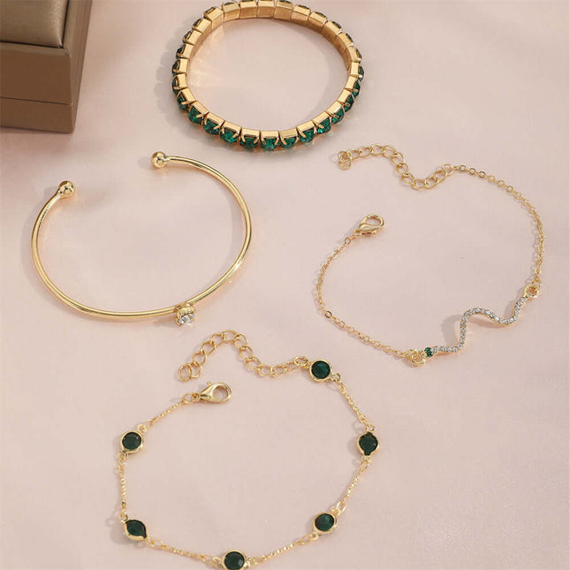 4pcs Womens Green Diamond Stretch Bracelet Set gold zinc alloy detail