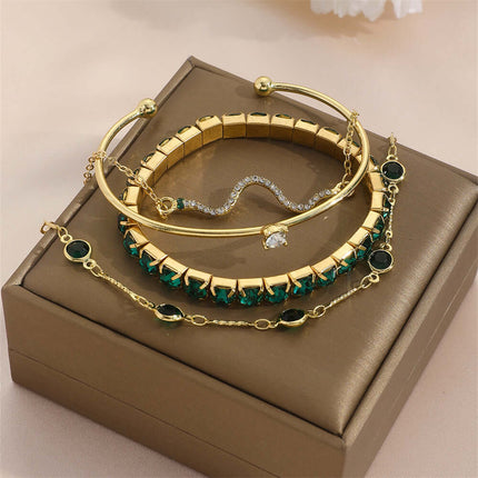 4pcs Womens Green Diamond Stretch Bracelet Set shiny diamond accents