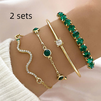 4pcs Womens Green Diamond Stretch Bracelet Set stretchable elastic design