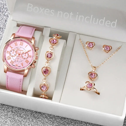 5-6pcs fashion quartz watch & heart rhinestone jewelry set elegant leather band watch with matching heart accessories
