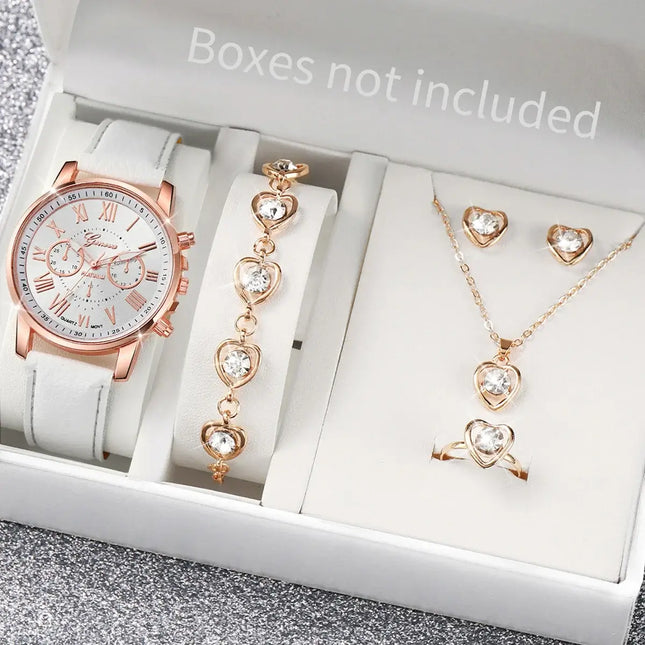 5-6pcs fashion quartz watch & heart rhinestone jewelry set women stylish analog watch and rhinestone jewelry