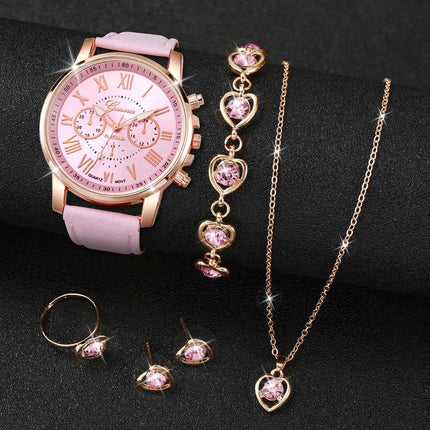 5-6pcs fashion quartz watch & heart rhinestone jewelry set fashionable women accessory watch bundle