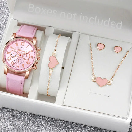 5-6pcs fashion quartz watch & heart rhinestone jewelry set lightweight quartz watch with heart rhinestones