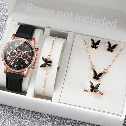 5-6pcs fashion quartz watch & heart rhinestone jewelry set stylish leather band watch with heart charm