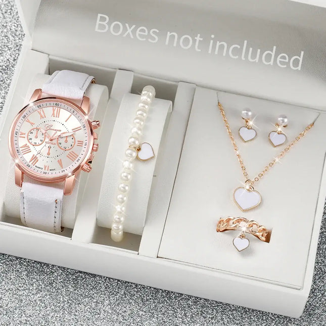 5-6pcs fashion quartz watch & heart rhinestone jewelry set women fashion watch set for daily wear