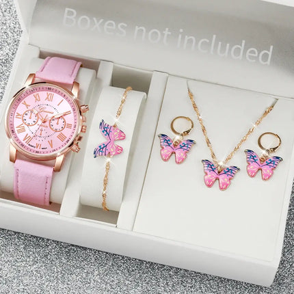 5-6pcs fashion quartz watch & heart rhinestone jewelry set stylish gift set with leather band watch