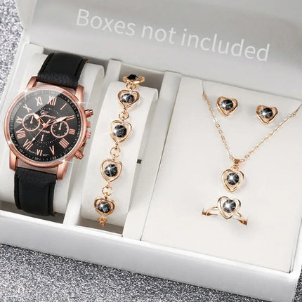 5-6pcs fashion quartz watch & heart rhinestone jewelry set feminine quartz watch and heart jewelry collection