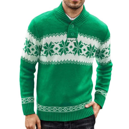 Men’s Christmas Jacquard Knit Pullover Sweater featuring a green design with white festive pattern, perfect for winter celebrations.