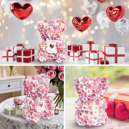 Artificial Rose Bear handmade gift displayed with hearts, balloons, and gift boxes, perfect for Valentine's Day.