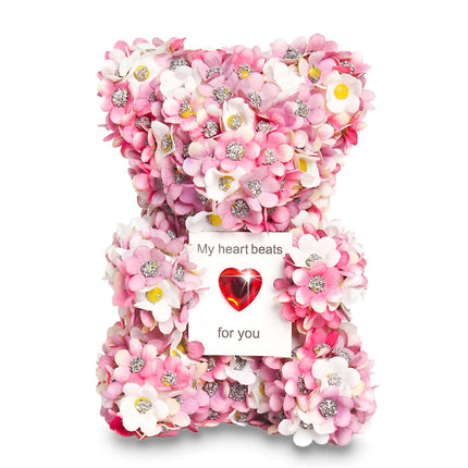 Artificial Rose Bear handmade gift adorned with pink and white flowers and a heart message.